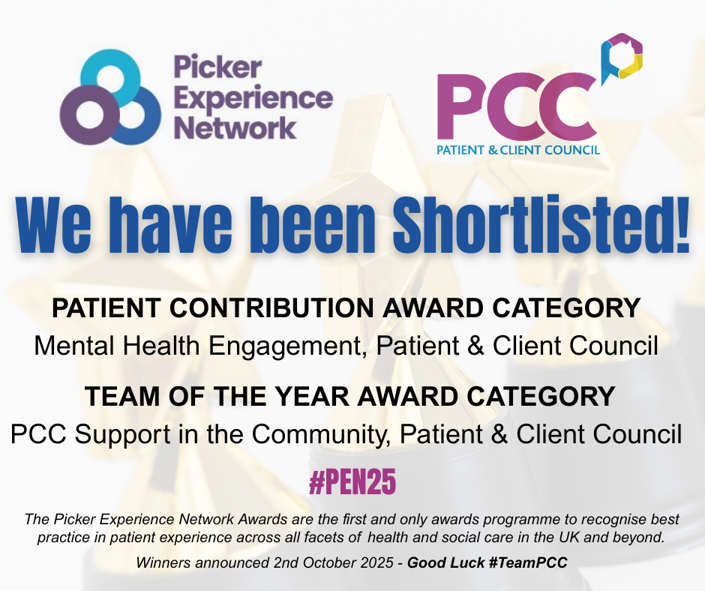 We have been Shortlisted! Patient Contribution Award Category - Mental Health Engagement, PCC. Team of the year Award Category - PCC Support in the Community PCC. #PEN25. The Picker Experience Nework Awards are the first and only awards programme to recognise best practice in patient experience across all facets of health and social care in the UK and beyond. Winners announced 2nd October 2025 - Good Luck #TeamPCC